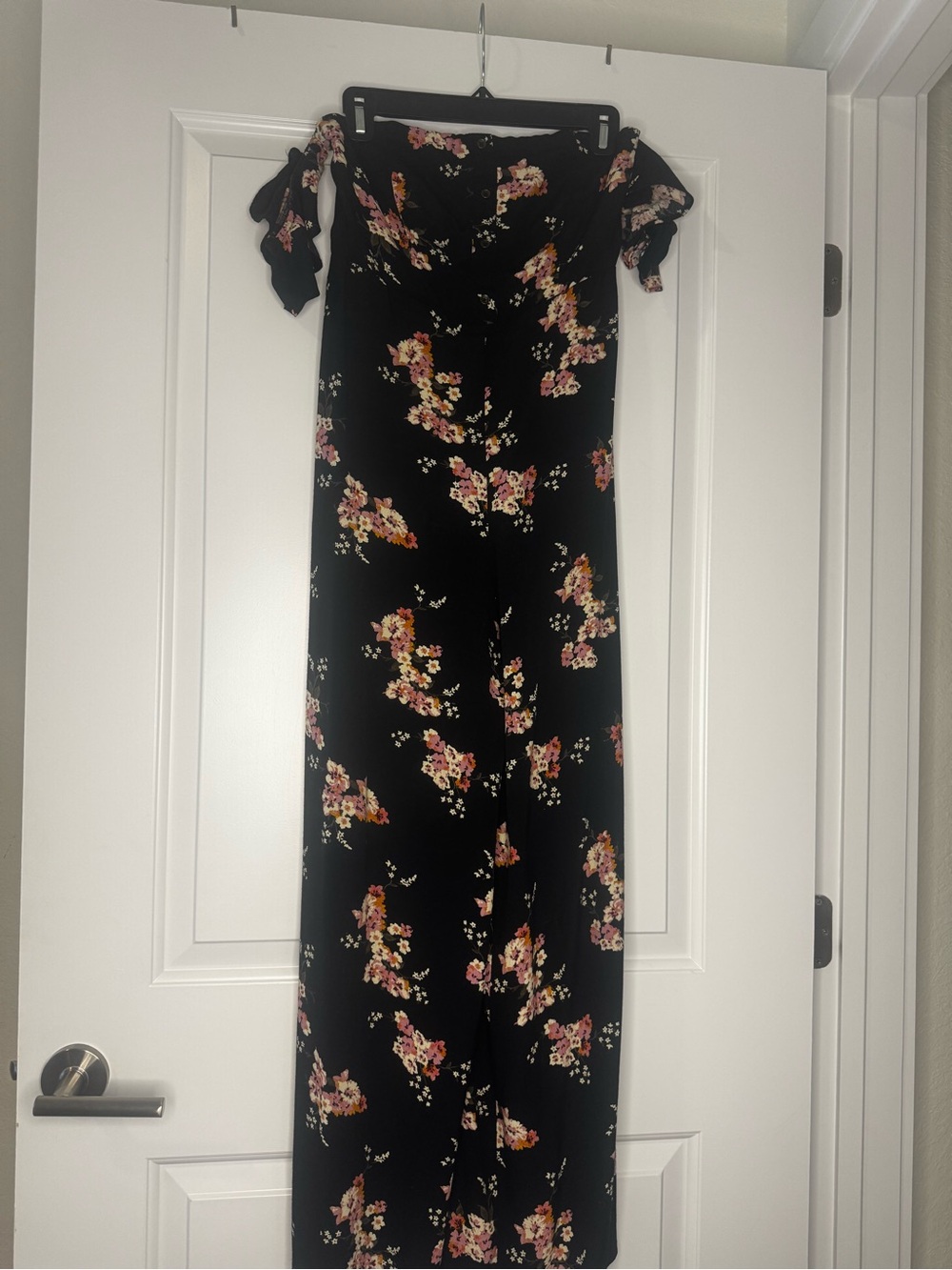 Strapless Black Floral Jumpsuit with Pink and Cream Blooms.